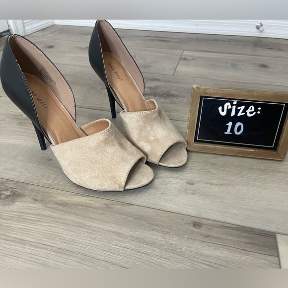 Shoes - Two-Tone Nude and Black Peep Toe Heels